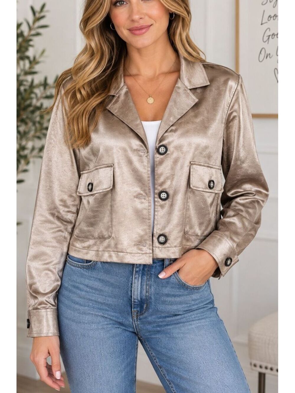 Anthropologie Mystree Simply Delicate Metallic Taupe Cropped Jacket Satin Med.